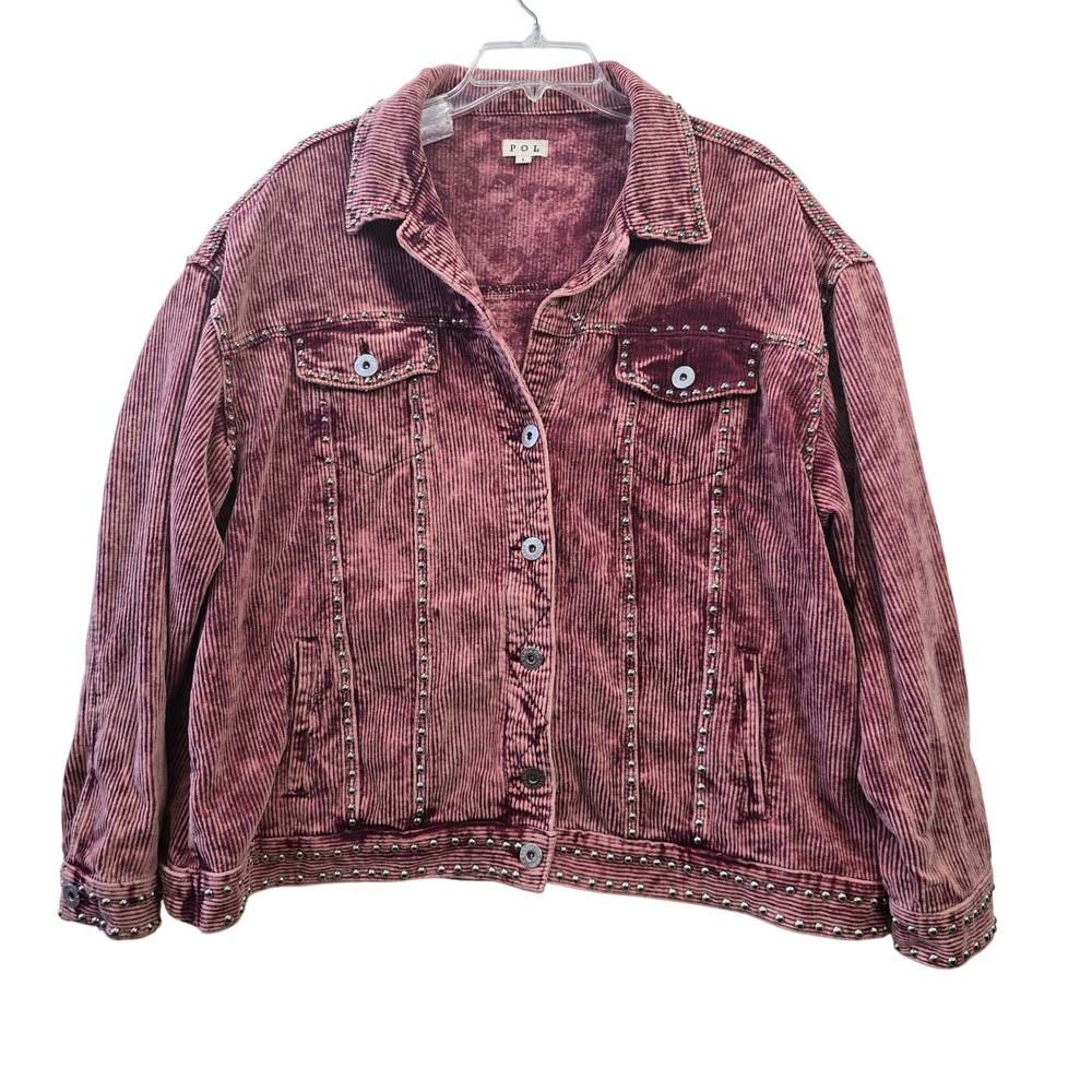 POL‎ Acid Wash Studded Corduroy Jacket Women Large Berry Boho Western Cotton